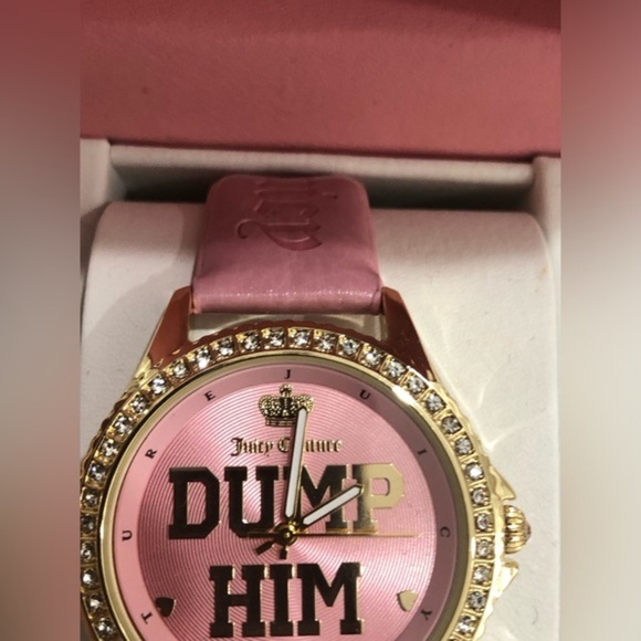 Juicy couture pink gold cz pave crystal bezel ‘Dump Him’ monogram wristwatch new main image 9